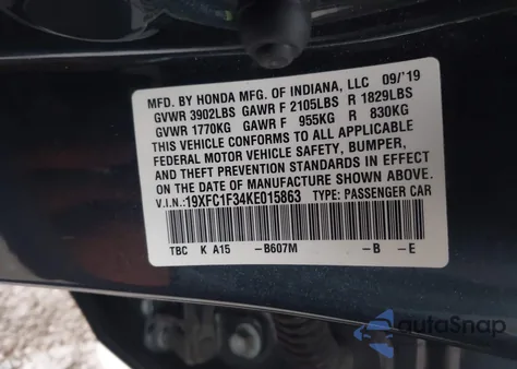 2019 Honda Civic Ex из США, поврежденный, VIN 19XFC1F34KE015863